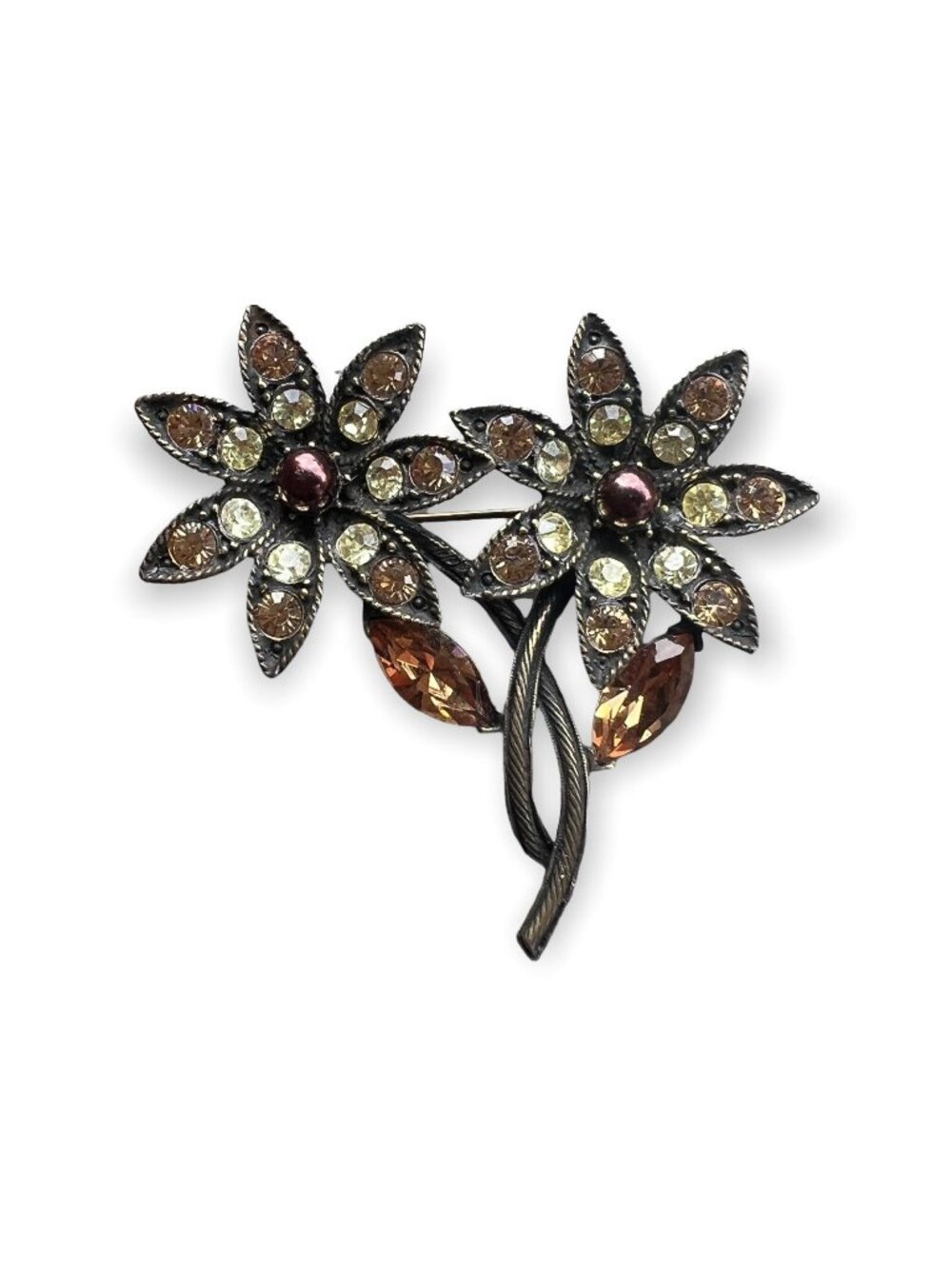 Graziano Vintage Rhinestone Flowers Floral Spray Brooch Dark Bronze Black Brooch